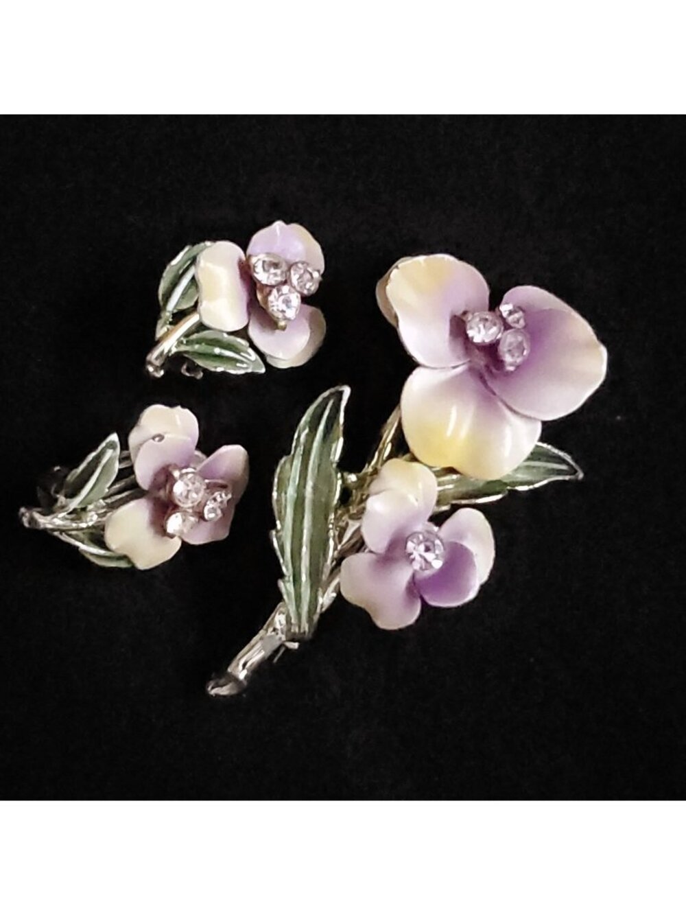 Vintage Floral Brooch Earrings Gold Tone Purple Yellow Enamel 2.5" 1"